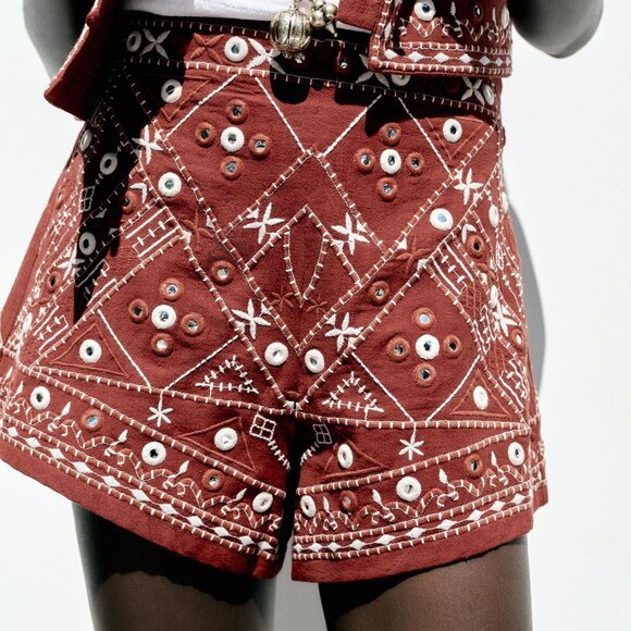 🌞 ZARA Embroidered Bermuda Shorts Terracotta Rust Red Mirror Embellished Medium - Picture 1 of 15